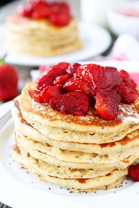 Lemon chia seed pancakes with roasted strawberries