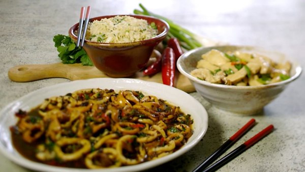 Lemon chicken, black bean squid and stir-fried rice