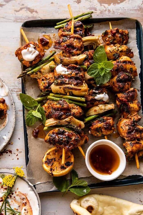 Lemon chicken skewers with creamy feta sauce