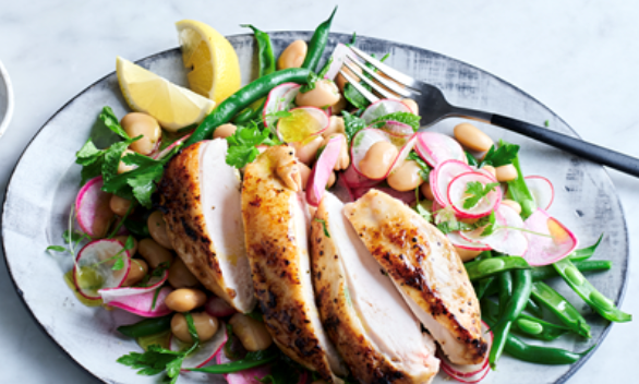 Lemon chicken with bean and radish salad