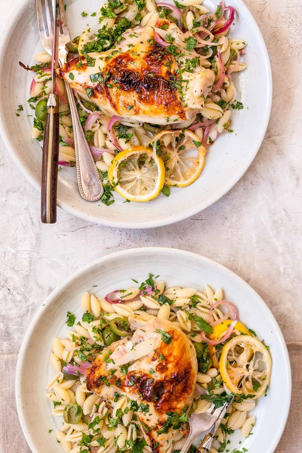 Lemon chicken with pasta, olives, and herbs