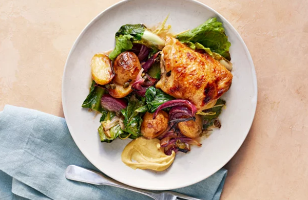 Lemon chicken with potatoes and escarole