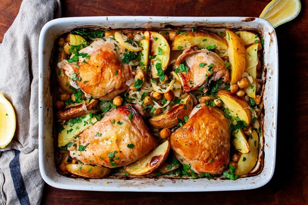 Lemon chicken with potatoes and chickpeas
