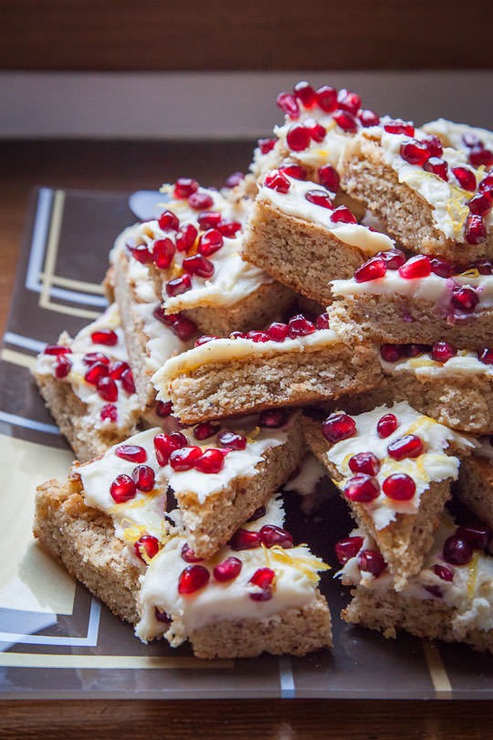 Lemon cookie bars with pomegranate seeds