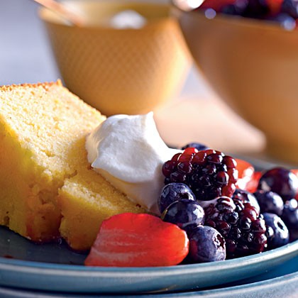 Lemon-cornmeal pound cake with berries and cream