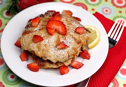 Lemon cottage cheese pancakes with strawberries