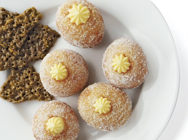 Lemon cream bomboloni with rhubarb chutney and pistachio florentines (Bake the Book)