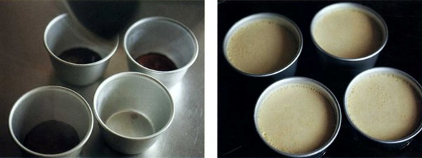Lemon crème caramels with poached pear