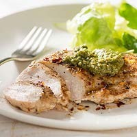Lemon-cumin chicken with mint and spinach pesto