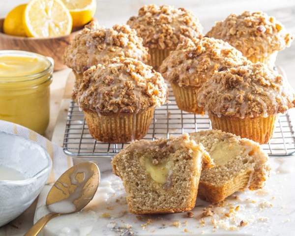 Lemon curd muffins [oat-pecan streusel; lemon glaze]