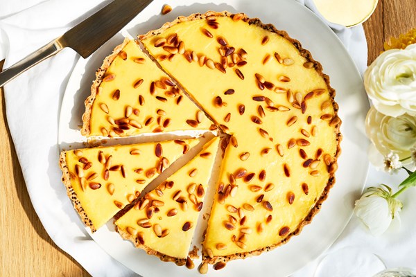 Lemon curd tart with chia and pine nuts