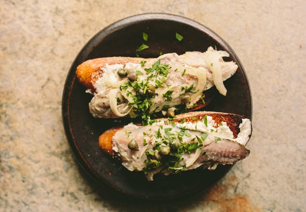 Lemon-cured sardine crostini