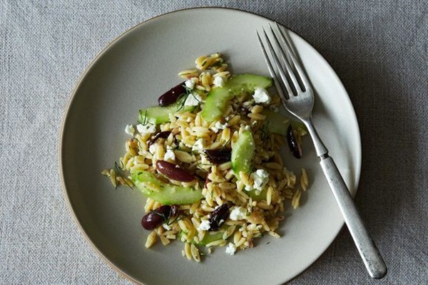 Lemon-dill orzo pasta salad with cucumbers, olives & feta