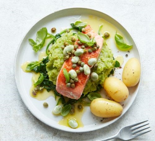 Lemon-dressed salmon with leek & broad bean purée