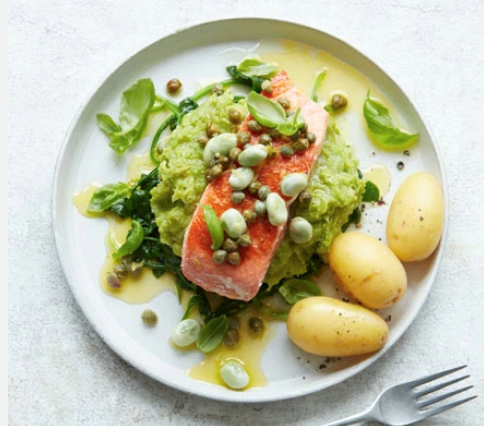 Lemon-dressed salmon with leek & broad bean purée