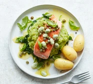 Lemon-dressed salmon with leek & broad bean purée