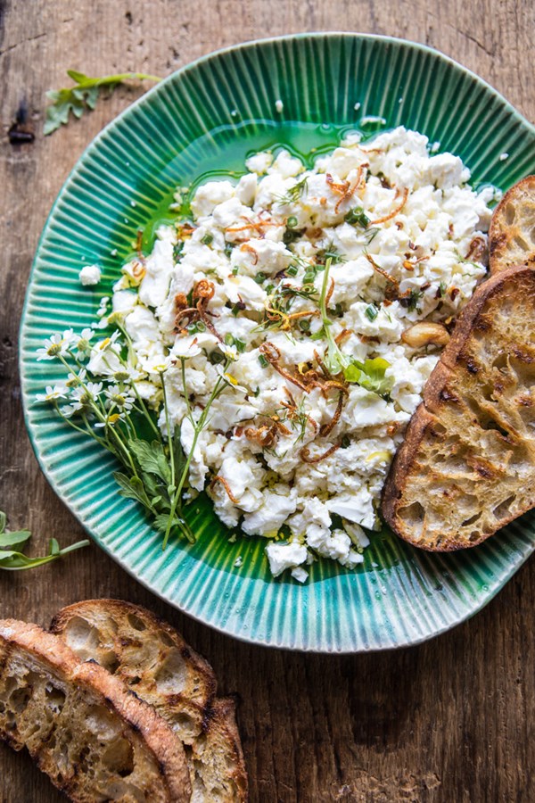Lemon feta dip with garlic tomato vinaigrette