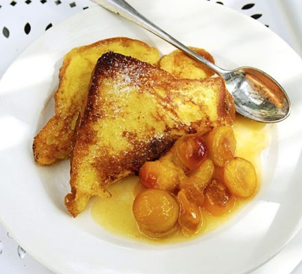 Lemon French toast with poached plums