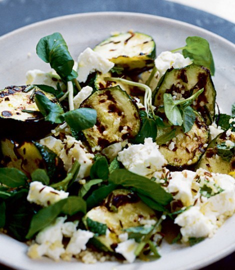 Lemon-fried courgettes feta and watercress salad