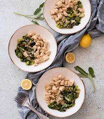 Lemon-garlic chicken skillet with wilted lettuce