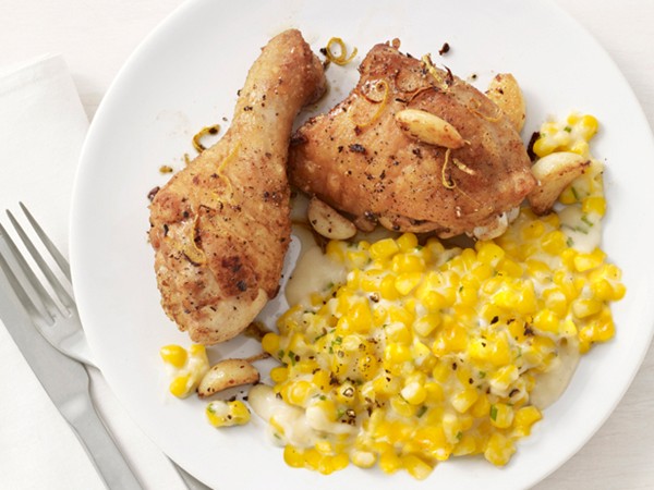Lemon-garlic chicken with creamed corn