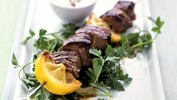 Lemon-garlic lamb kebabs