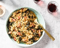 Lemon-garlic rice with sausage and kale