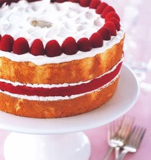 Lemon-ginger angel food and raspberry sorbet layer cake