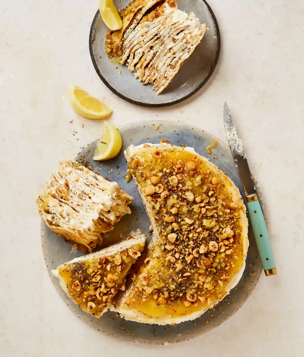 Lemon, hazelnut and poppyseed pancake cake