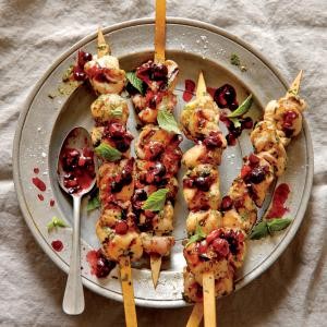 Lemon-herb chicken skewers with blueberry-balsamic sauce