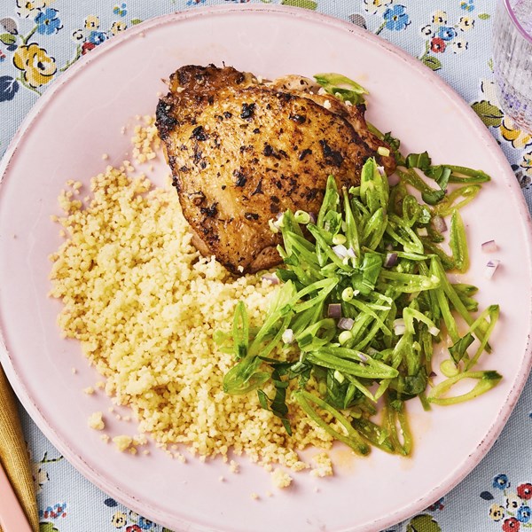 Lemon-herb chicken thighs with snap pea salad