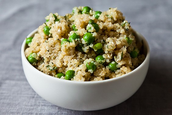 Lemon herb quinoa with hemp seeds, spring peas, and basil