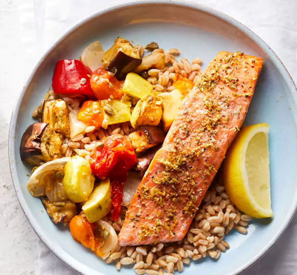 Lemon-herb salmon with caponata & farro