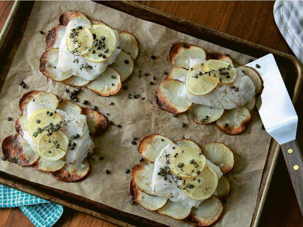 Lemon-herb sole on crispy potato rafts