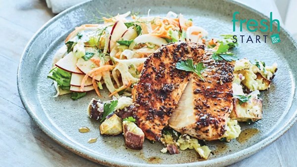 Lemon honey pork with kumara feta crush and apple fennel salad