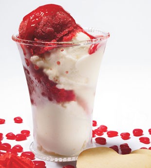Lemon ice cream and raspberry granita sundaes