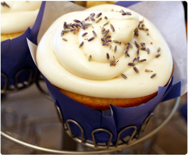 Lemon lavender cupcakes with vanilla bean frosting.