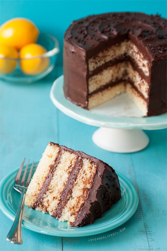 Lemon layer cake with chocolate fudge frosting