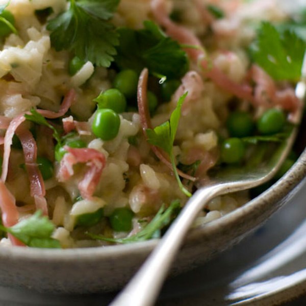 Lemon, leek, pea & prosciutto risotto