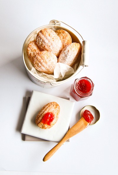 Lemon madeleines & rhubarb jam