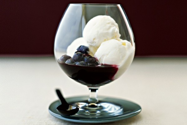 Lemon mascarpone sorbetto with poached blueberries