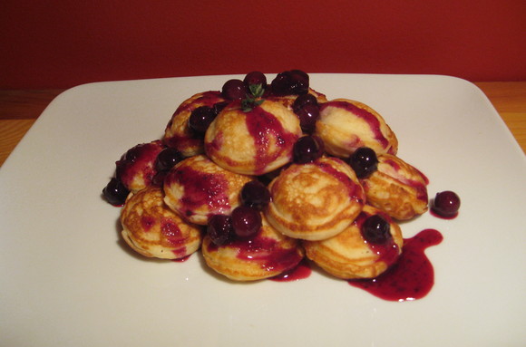 Lemon mascarpone stuffed ebelskivers (Danish pancakes) with blueberry thyme compote