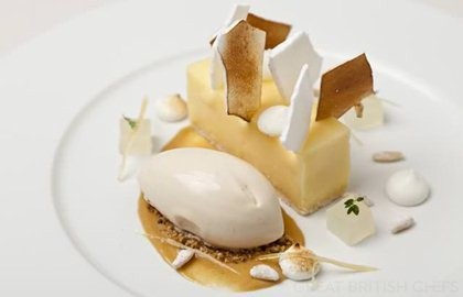 Lemon meringue pie with pine nut ice cream