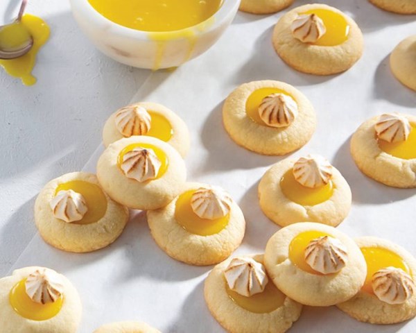 Lemon meringue thumbprint cookies [lemon curd, meringue kisses]