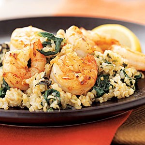 Lemon-mint bulgur risotto with garlic shrimp