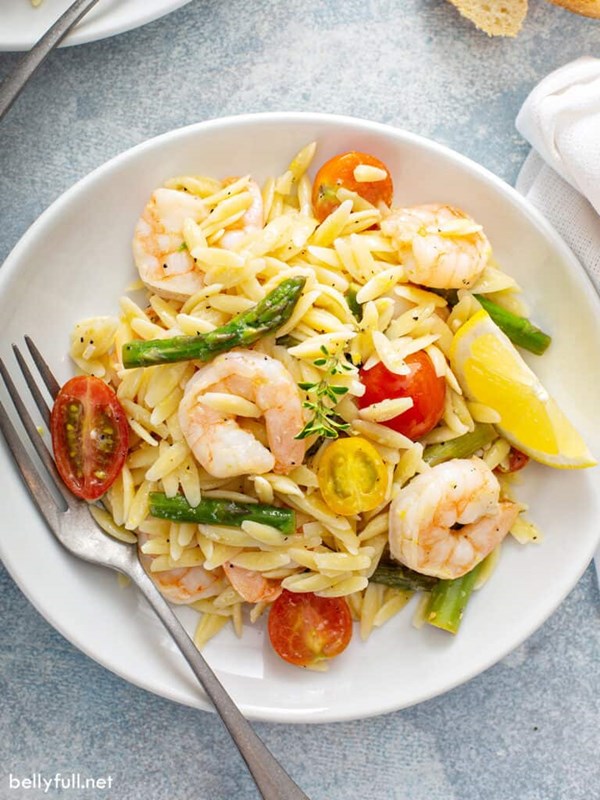 Lemon-mustard orzo salad with shrimp and asparagus