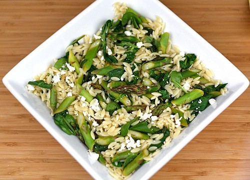 Lemon orzo salad with asparagus, spinach, and feta