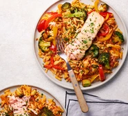 Lemon orzo with trout, spiced broccoli & peperonata
