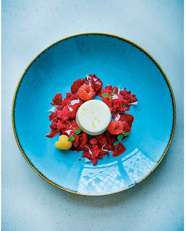 Lemon panna cotta with raspberry granita