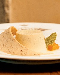 Lemon panna cottas with peach compote and ginger syrup